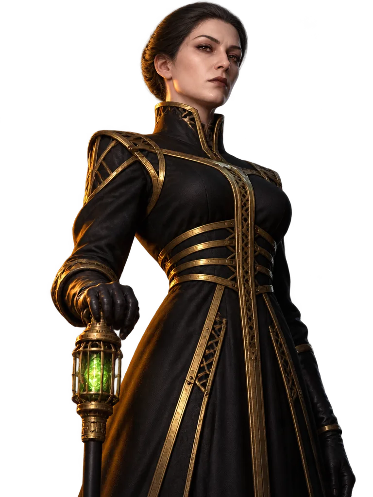 Empress Clémentine Arquebel bergaun hitam berleher tinggi dengan rusuk emas, bertumpu pada tongkat berlentera berisi cahaya hijau.