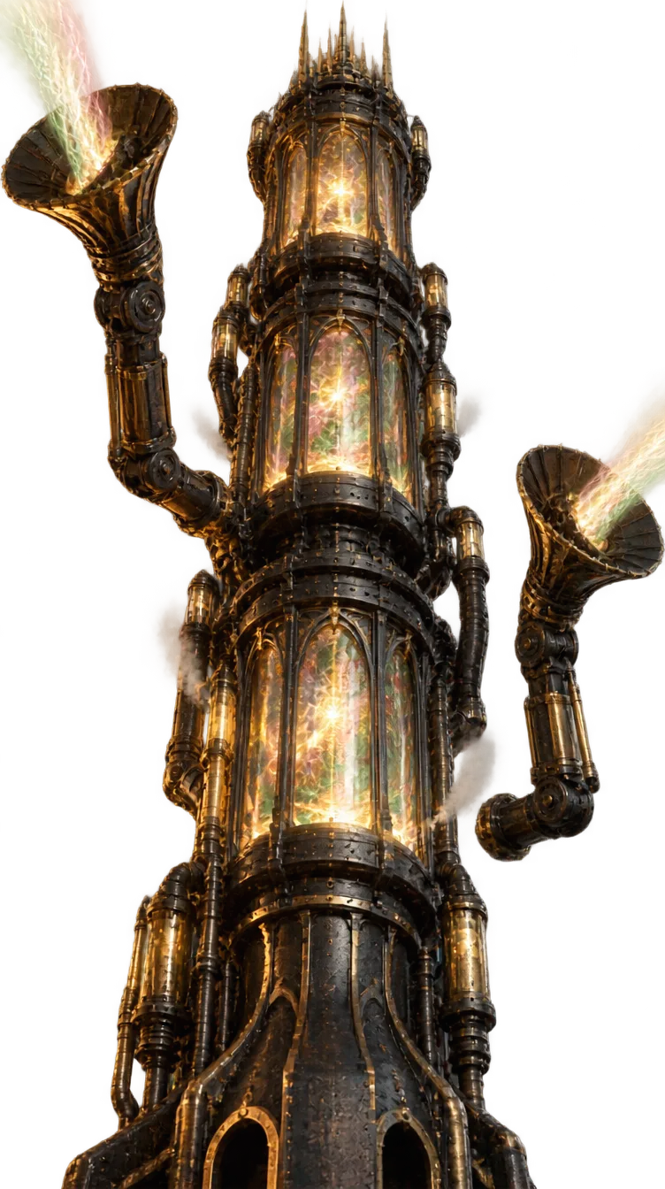 Lantern Engine, mesin besi hitam setinggi menara dengan tiga tingkat tangki lentera berisi cahaya roh dan dua lengan bercorong yang menyedot cahaya.